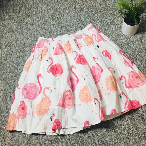 Chicwish White Pink Flamingo Knee Length Print Pleated A-line Midi Skirt Medium - Picture 11 of 16